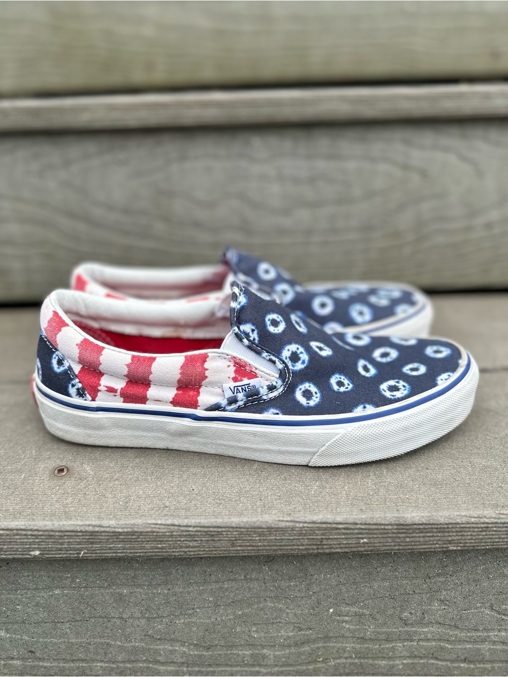 Vans Classic Slip-On Dyed Dots & Stripes Red, White, Blue Skate Shoes